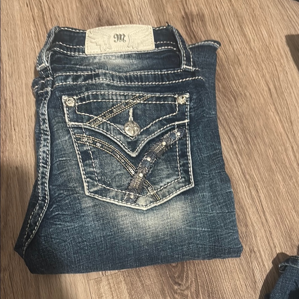 Like new Miss Me Blue Boot Cut Jeans with Decorative Stitching